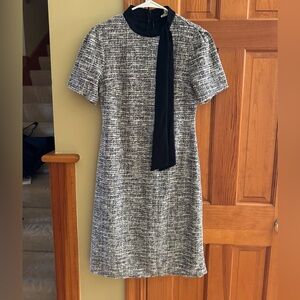 New—Perseption Black and White Tweed Midi Dress with Neck Tie